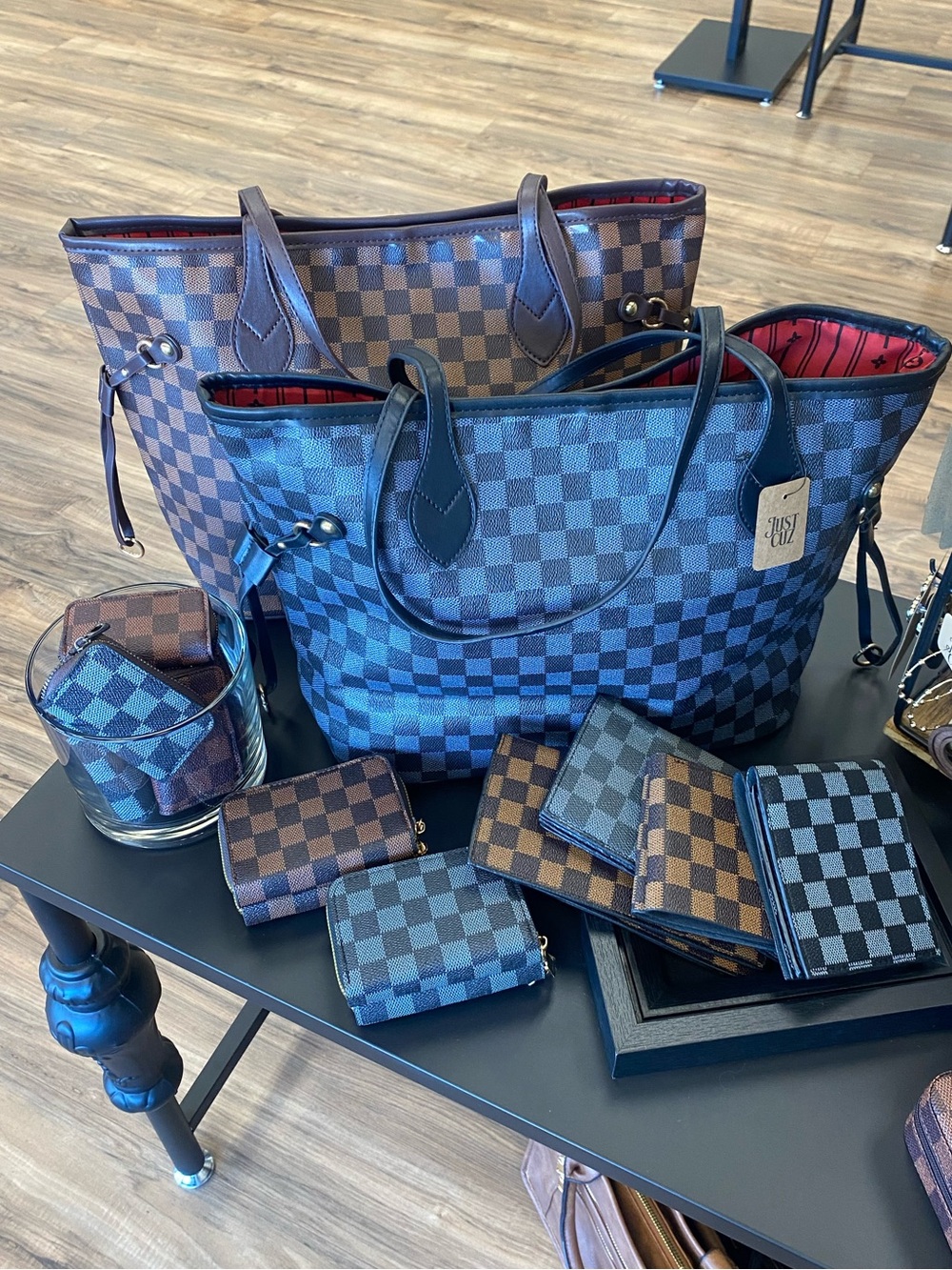 Designer-Style Checkered Tote Bag in Dark Brown